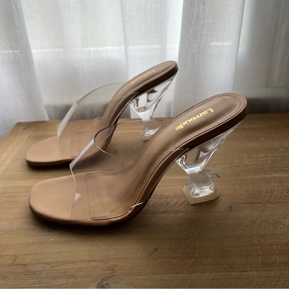 Larroudé Madonna Lucite Vinyl Mules In Tan Leather Size 7.5 New